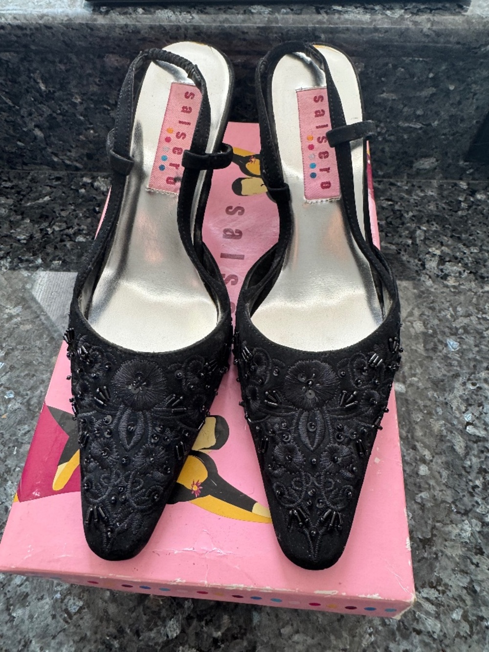 Women's Lacey Salsera  Black Heeled 2" Embossed Shoes Worn Once in Box 8M